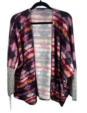 Hemish USA Open Front Aztec Diamond Print Cardigan Sweater with Striped Sleeves
